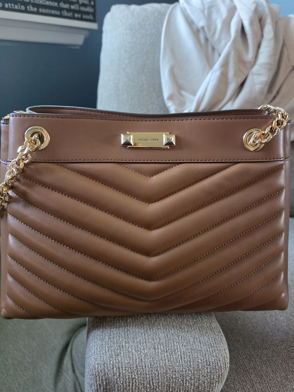Michael Kors Quilted Brown Shoulder Bag with Gold Chain